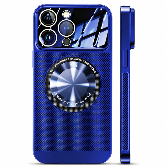 Rear and side views of a blue perforated case stand on white, with a reflective camera panel and central metallic disc.