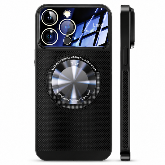 Rear and side views of a black perforated case stand on white. A reflective broad camera panel sits above a large brushed-metal-looking circular disc on the back.