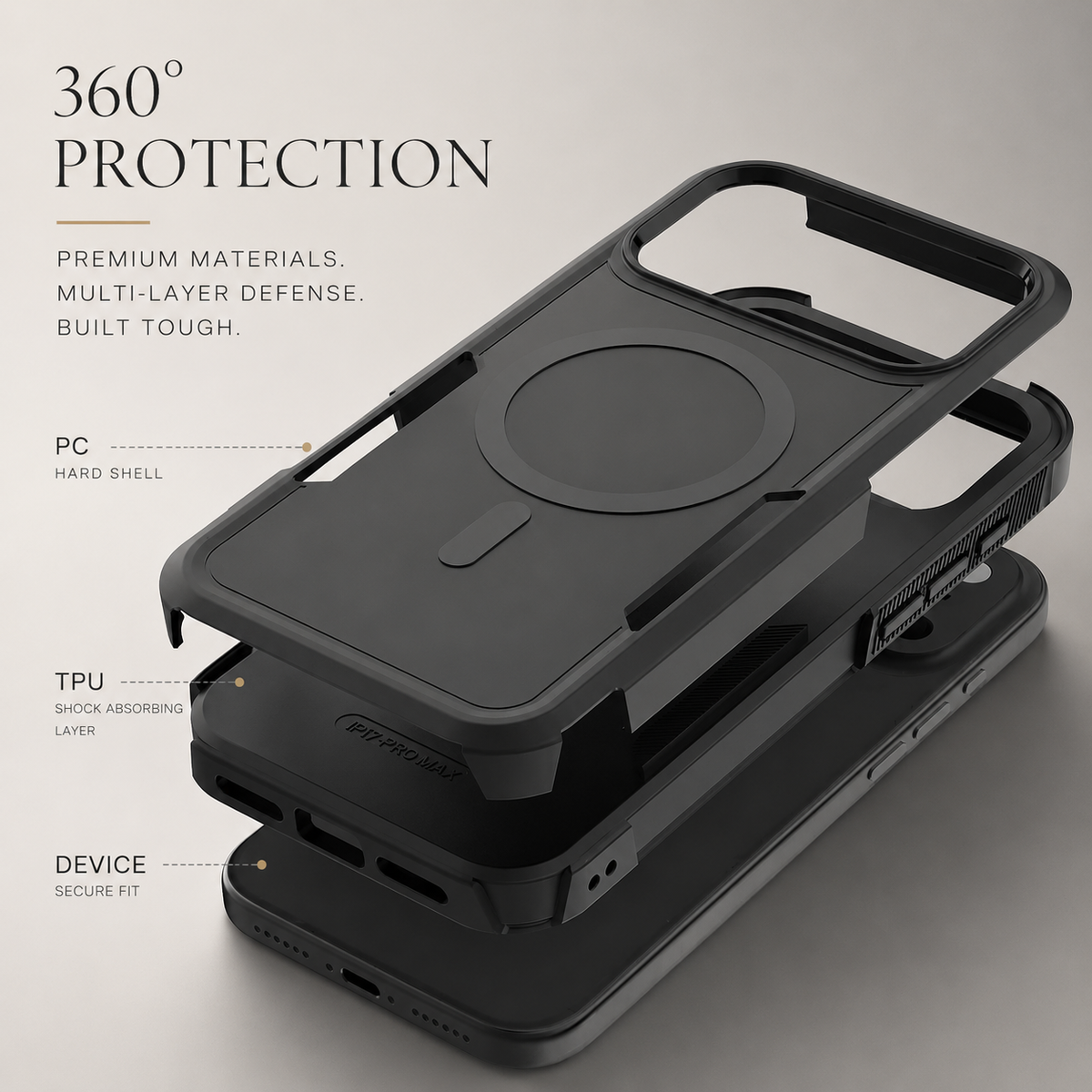Exploded black case separates into a hard PC outer shell, TPU inner bumper and phone beneath 360-degree protection text.