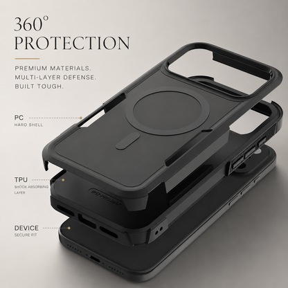 Exploded black case separates into a hard PC outer shell, TPU inner bumper and phone beneath 360-degree protection text.