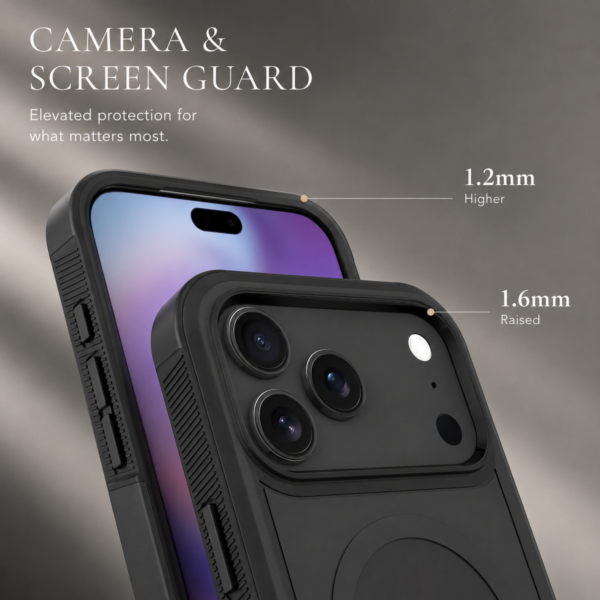 Black case front and camera close-ups with labels claiming a 1.2 mm raised screen border and 1.6 mm raised camera border.