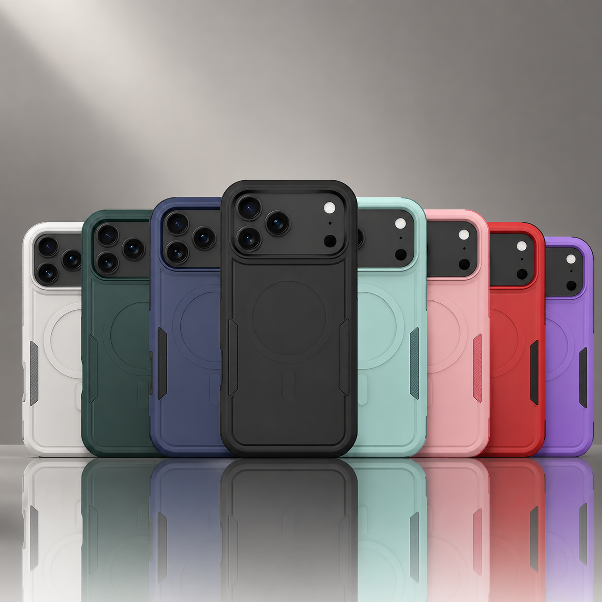 Eight rugged magnetic cases stand in white, teal, blue, black, mint, pink, red and purple, with reflections on the glossy surface below.