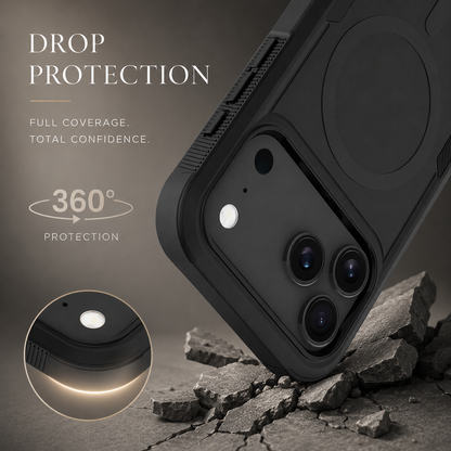 Black case illustrated striking rocky ground on its camera corner, with a glowing corner detail inset. Text claims full-coverage 360-degree drop protection.