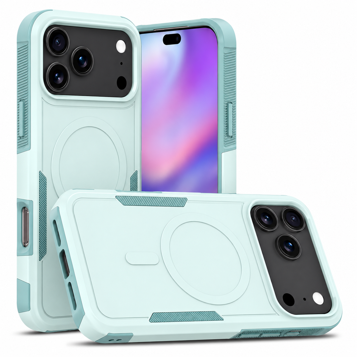 Mint matte rugged magnetic case shown from front, rear and horizontal rear views, with textured side accents and a wide camera opening.