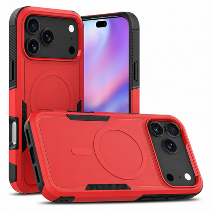 Red matte rugged magnetic case shown from front, rear and horizontal rear views, with black corner and grip accents.