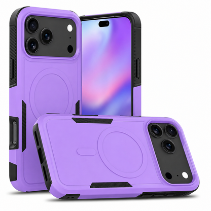 Purple matte rugged magnetic case shown from front, rear and horizontal rear views, with black side grips and a subtle circular mark.