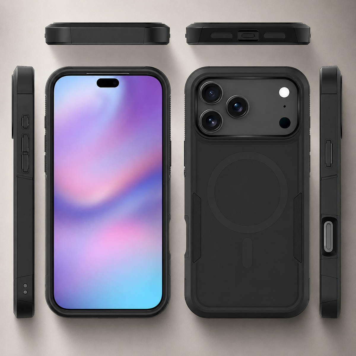 Black rugged magnetic case displayed from front, back, both sides, top and bottom against beige, showing covered controls and exposed charging-port openings.