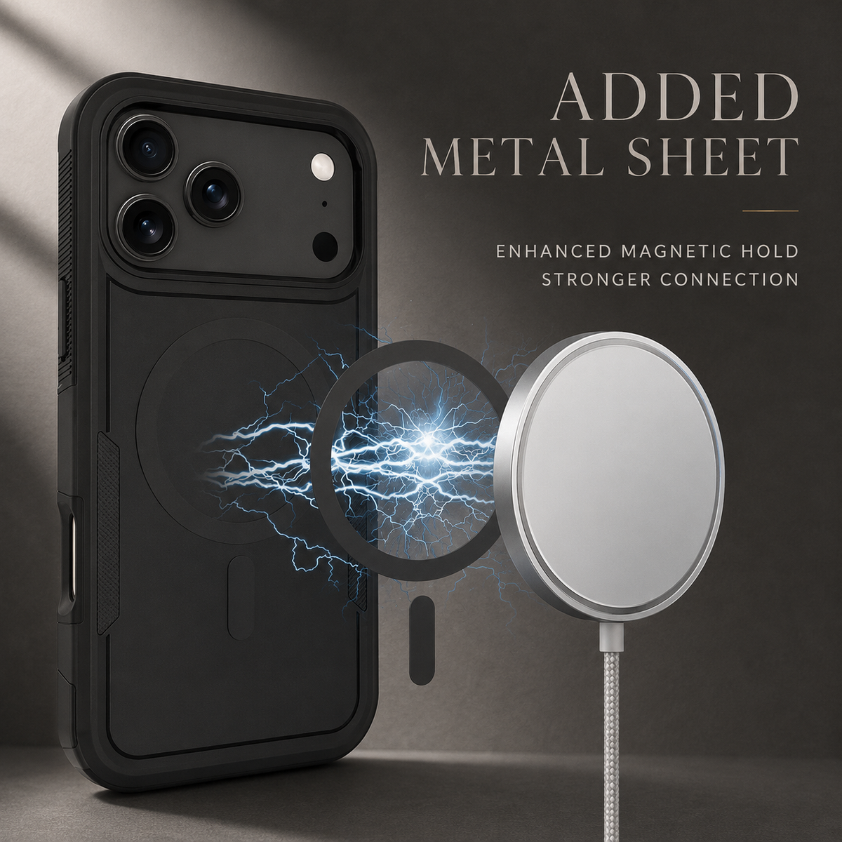 Black rugged case beside a charging puck and illustrated magnetic ring with glowing lines. Text describes an added metal sheet for stronger magnetic attachment.