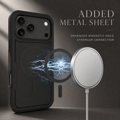 Black rugged case beside a charging puck and illustrated magnetic ring with glowing lines. Text describes an added metal sheet for stronger magnetic attachment.
