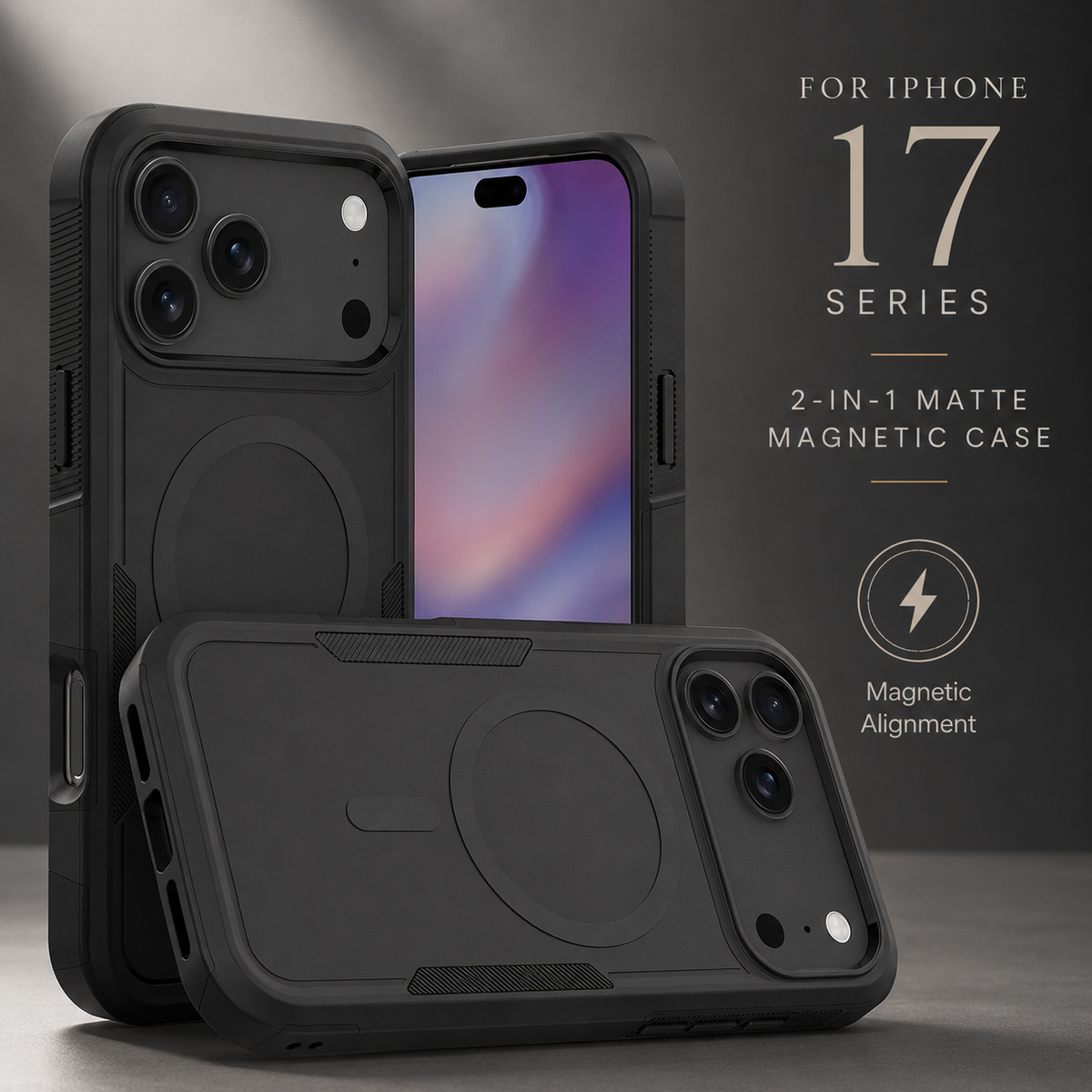 Black rugged case shown in three views beneath text identifying a two-in-one matte magnetic case for the iPhone 17 series.