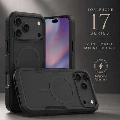 Black rugged case shown in three views beneath text identifying a two-in-one matte magnetic case for the iPhone 17 series.