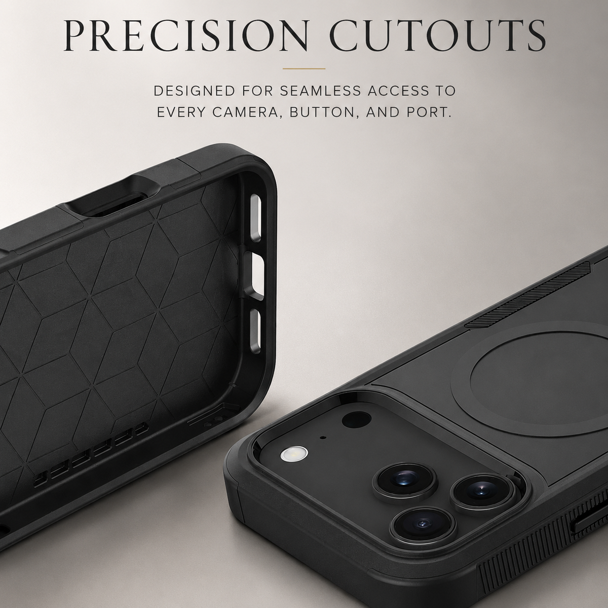 Close-up of an empty black case's geometric interior and side openings beside an assembled rear view. Text promotes precise camera, button and port cutouts.