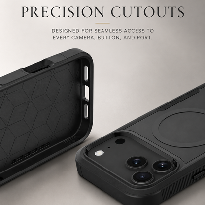 Close-up of an empty black case's geometric interior and side openings beside an assembled rear view. Text promotes precise camera, button and port cutouts.