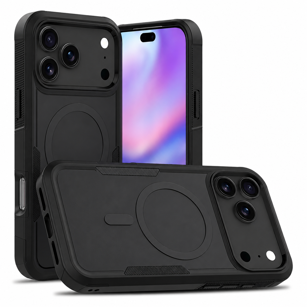 Black matte rugged magnetic case shown from front, rear and horizontal rear views, with a wide camera opening, subtle circular magnetic mark and textured side grips.