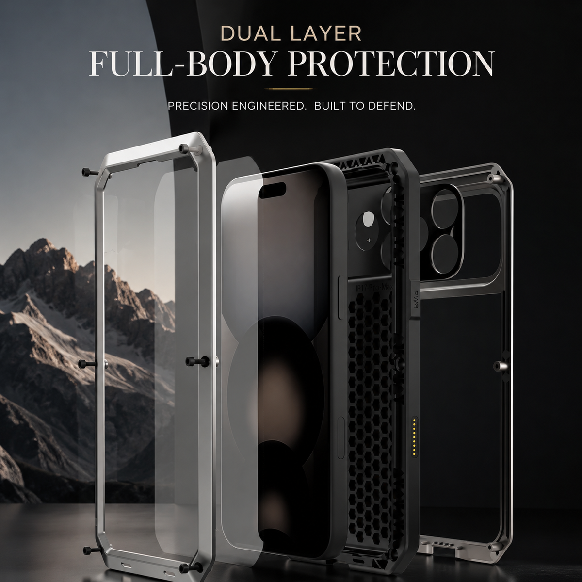 An exploded silver case shows front frame, clear panel, phone, honeycomb cushion and rear shell against a mountainous background.