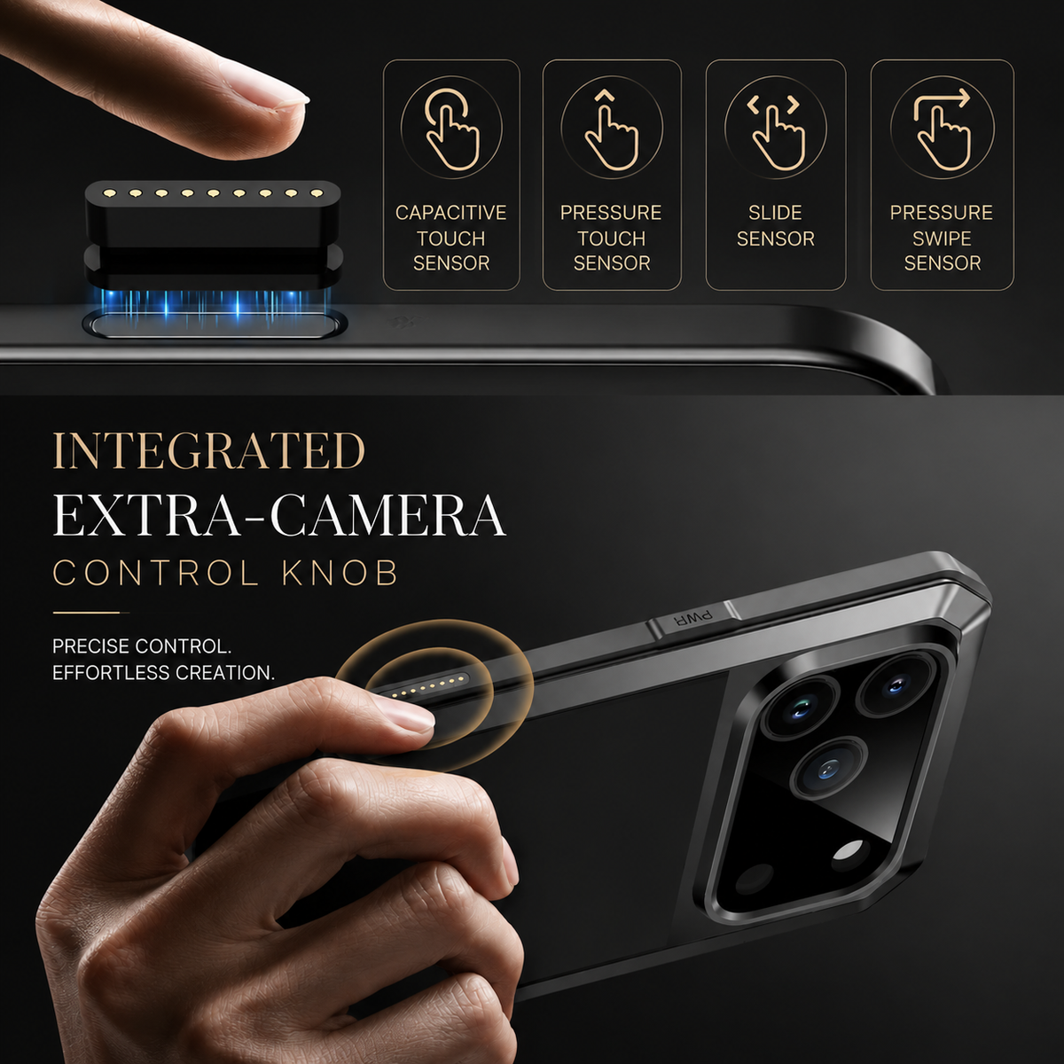Two panels show a fingertip above a camera-control component and a hand pressing the case's side camera control. Text highlights sliding and pressure input.