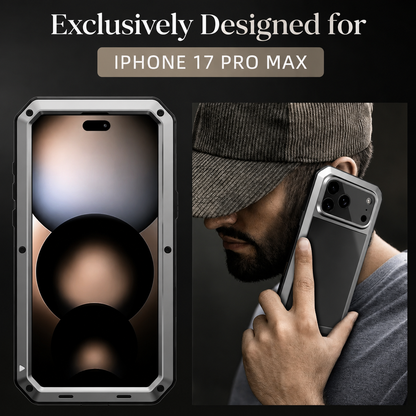 A front view of a silver rugged case appears beside a person wearing a cap and holding the phone to their ear. Text identifies iPhone 17 Pro Max compatibility.