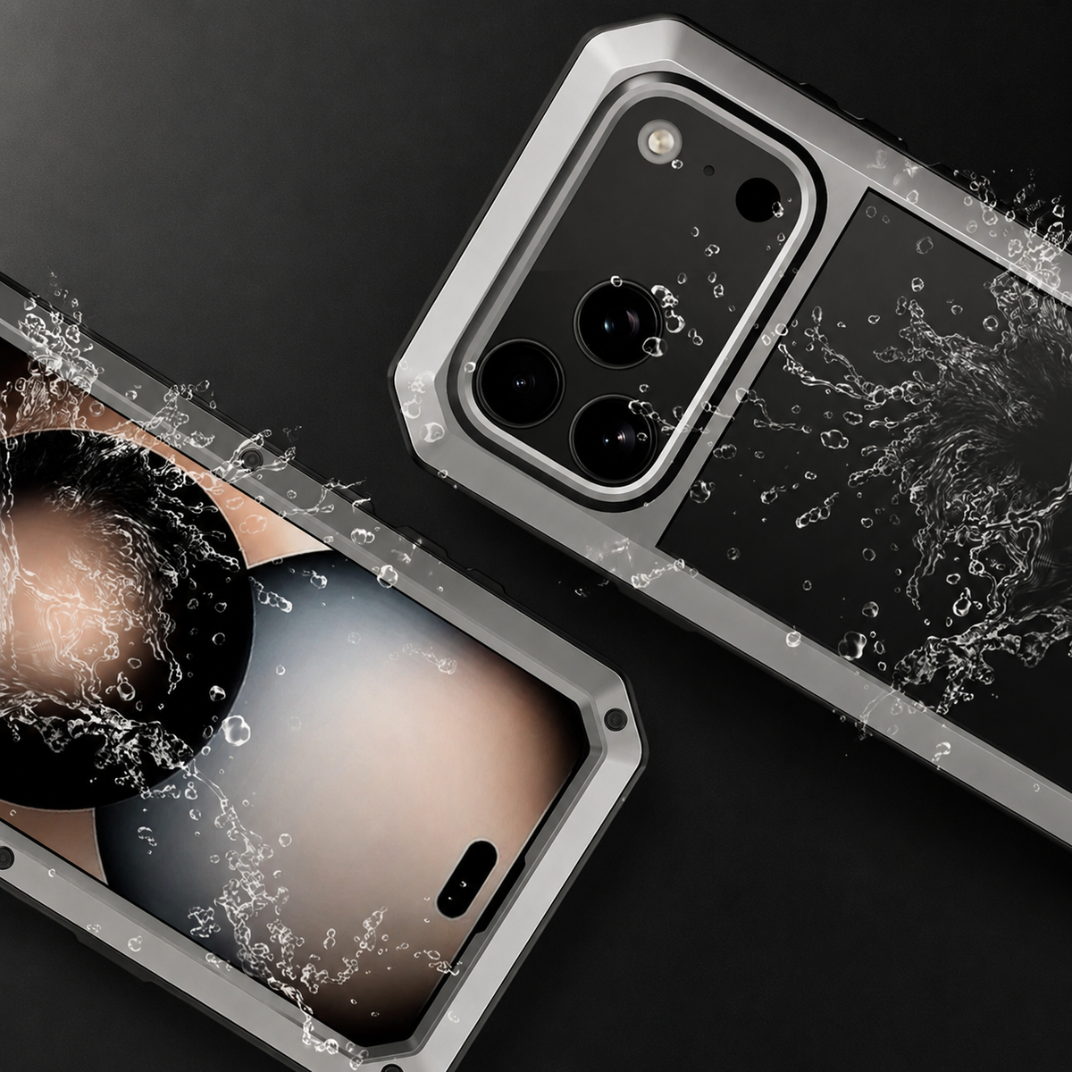 Front and rear views show a silver rugged case amid splashing water, with droplets over the screen and camera panel.