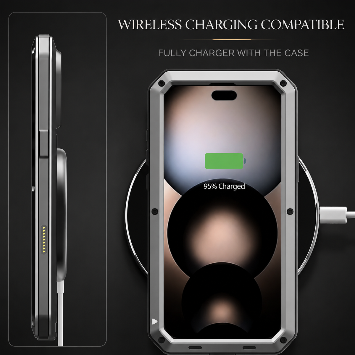 Front and side views show a silver rugged case on a circular wireless charger, with a green battery indicator on the screen.