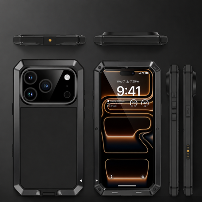 Front, rear and edge views show a black rugged case with covered buttons, charging opening and thick camera and screen borders.