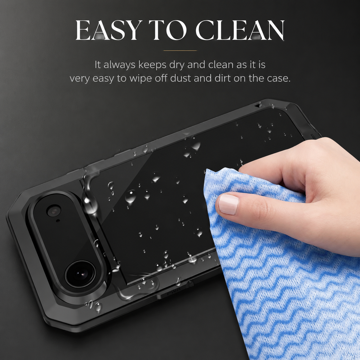 A hand wipes droplets from a black rugged case with a blue patterned cloth. Text advertises easy removal of dust and dirt.