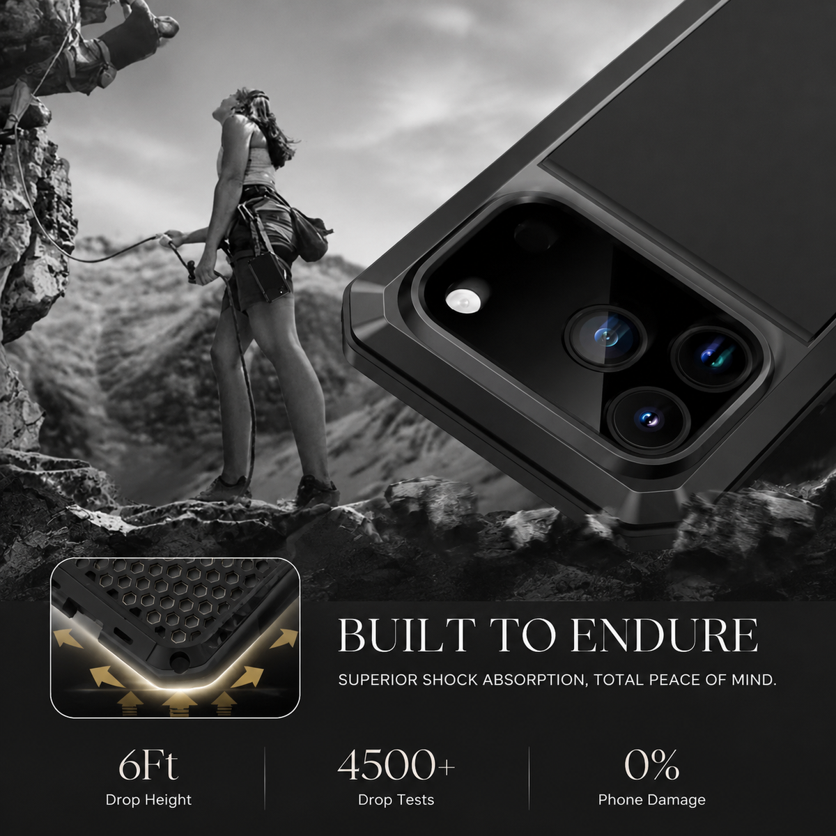 A hiker stands on rocks beside an enlarged black case and cushioning inset. Text advertises a 6-foot drop height and more than 4,500 drop tests.