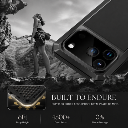 A hiker stands on rocks beside an enlarged black case and cushioning inset. Text advertises a 6-foot drop height and more than 4,500 drop tests.