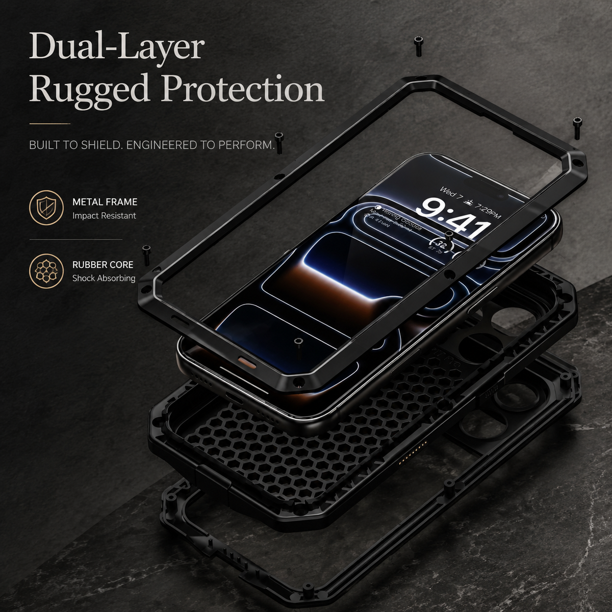 An exploded diagram separates a black front frame, phone, honeycomb-textured inner cushion and rear shell, with corner screws floating above.