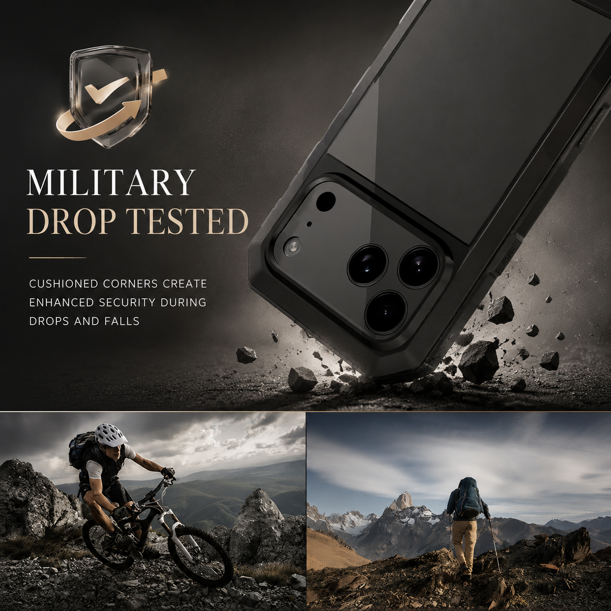 A black rugged case points camera-corner-first toward broken ground. Smaller panels show mountain biking and hiking beside text advertising military drop testing.