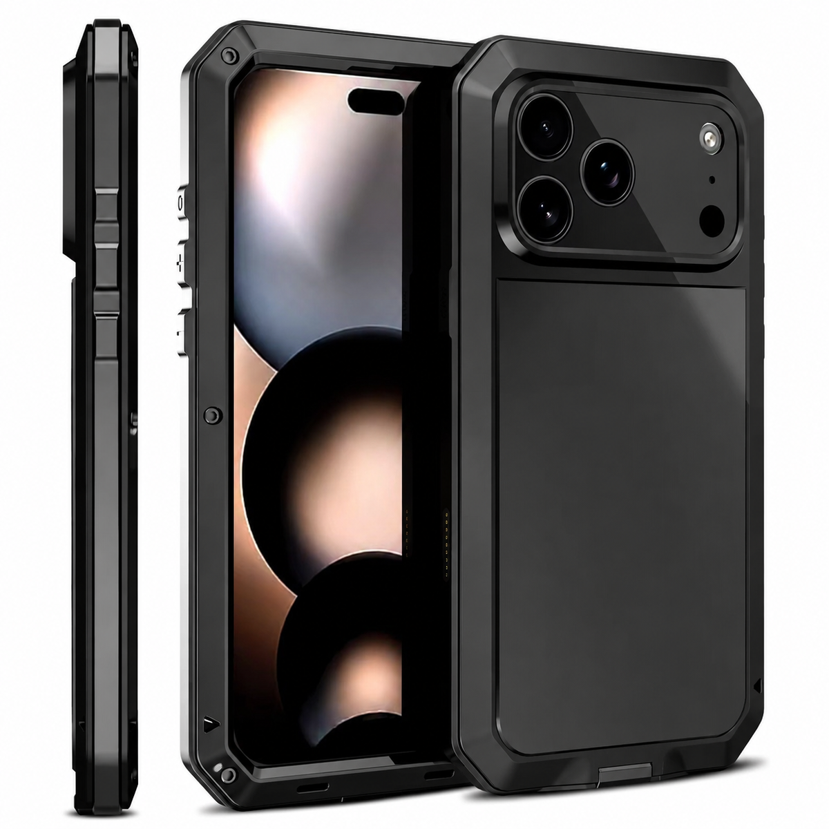 Front, rear and side views show a black rugged case with thick angular corners, small screw heads and a smooth dark back beneath the broad camera panel.