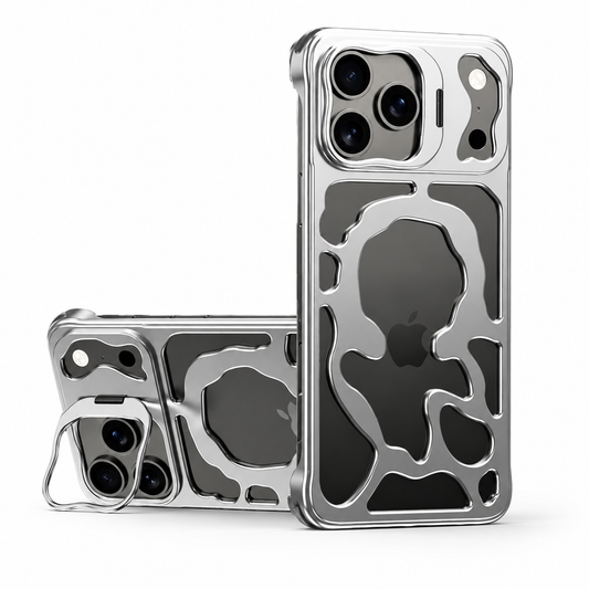 Upright and horizontal views of a silver metal-looking phone frame appear on white. Irregular cloud-shaped openings expose the dark phone back, including the Apple logo at the center. A hinged camera-border loop extends to support the horizontal phone, while raised openings frame the lenses.