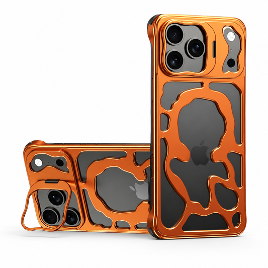 Upright and horizontal views of an orange metal-looking phone frame appear on white. Irregular cloud-shaped openings expose the dark phone back, including the Apple logo at the center. A hinged camera-border loop extends to support the horizontal phone, while raised openings frame the lenses.