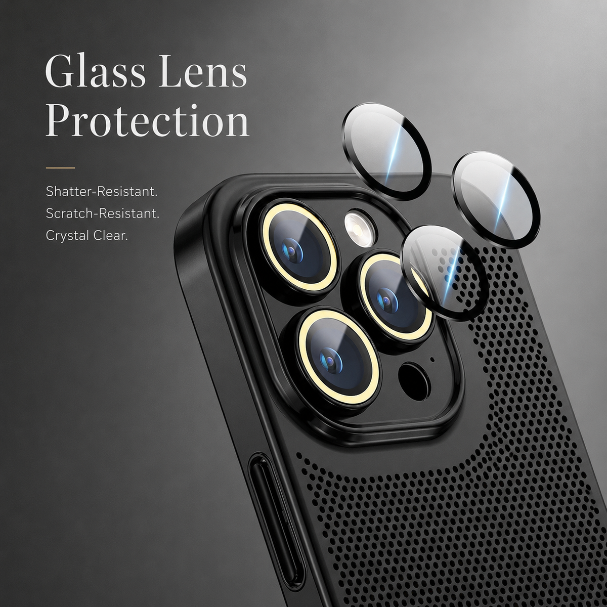 An exploded close-up shows circular glass-looking lens covers floating above a black case's camera lenses under Glass Lens Protection.