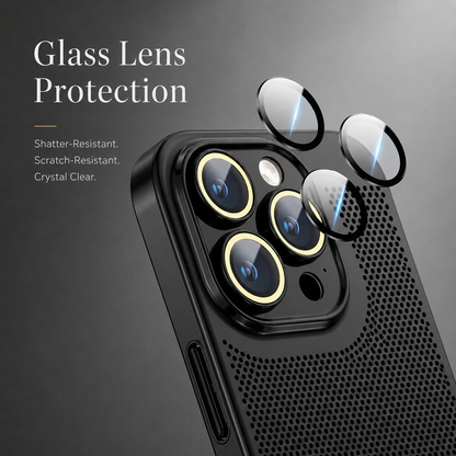 An exploded close-up shows circular glass-looking lens covers floating above a black case's camera lenses under Glass Lens Protection.