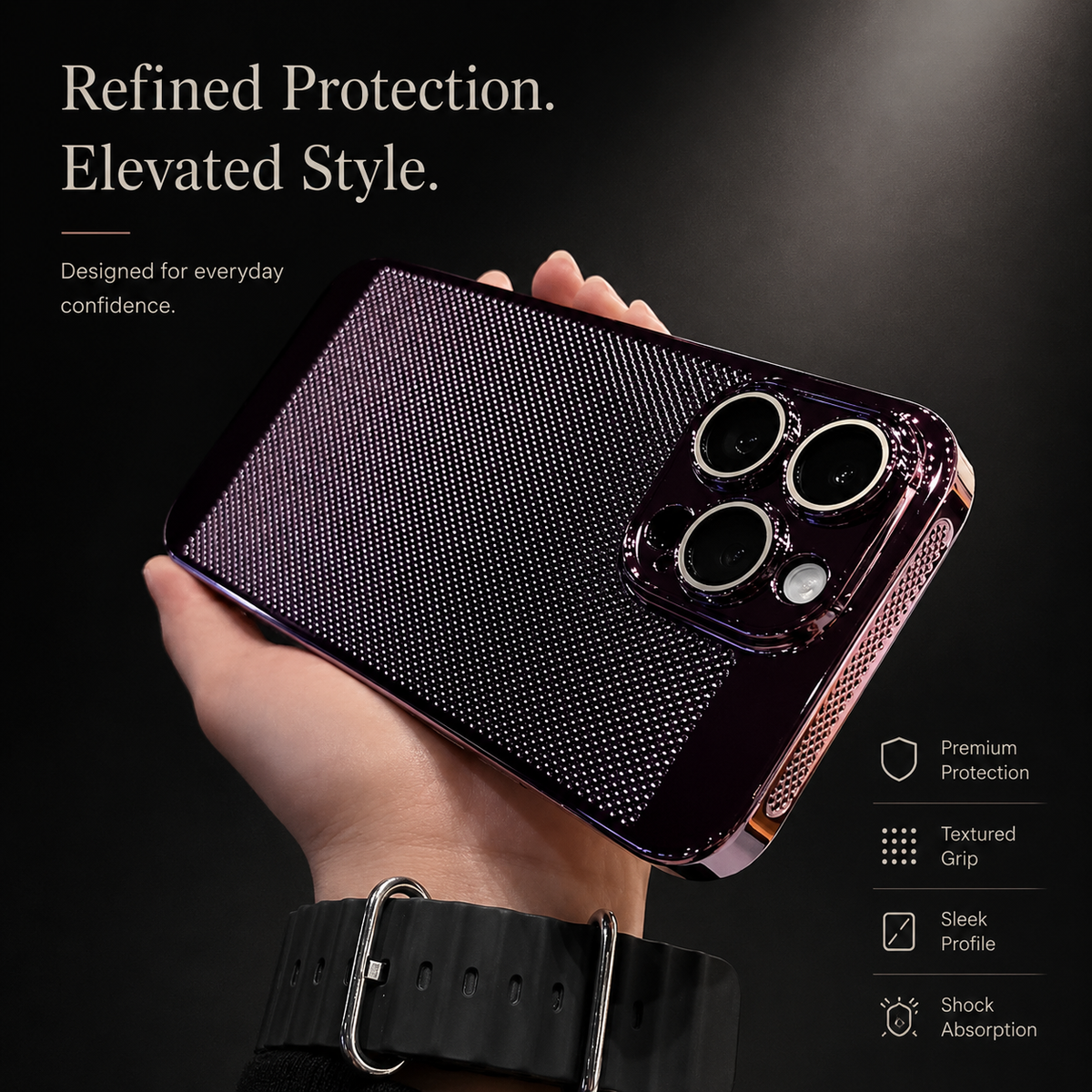 A hand wearing a dark wristwatch holds a glossy purple perforated case horizontally against black. Icons describe grip, slim profile and protection.