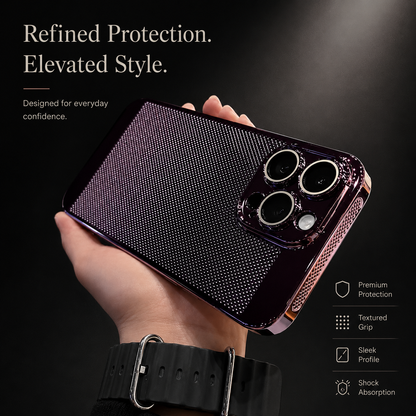 A hand wearing a dark wristwatch holds a glossy purple perforated case horizontally against black. Icons describe grip, slim profile and protection.