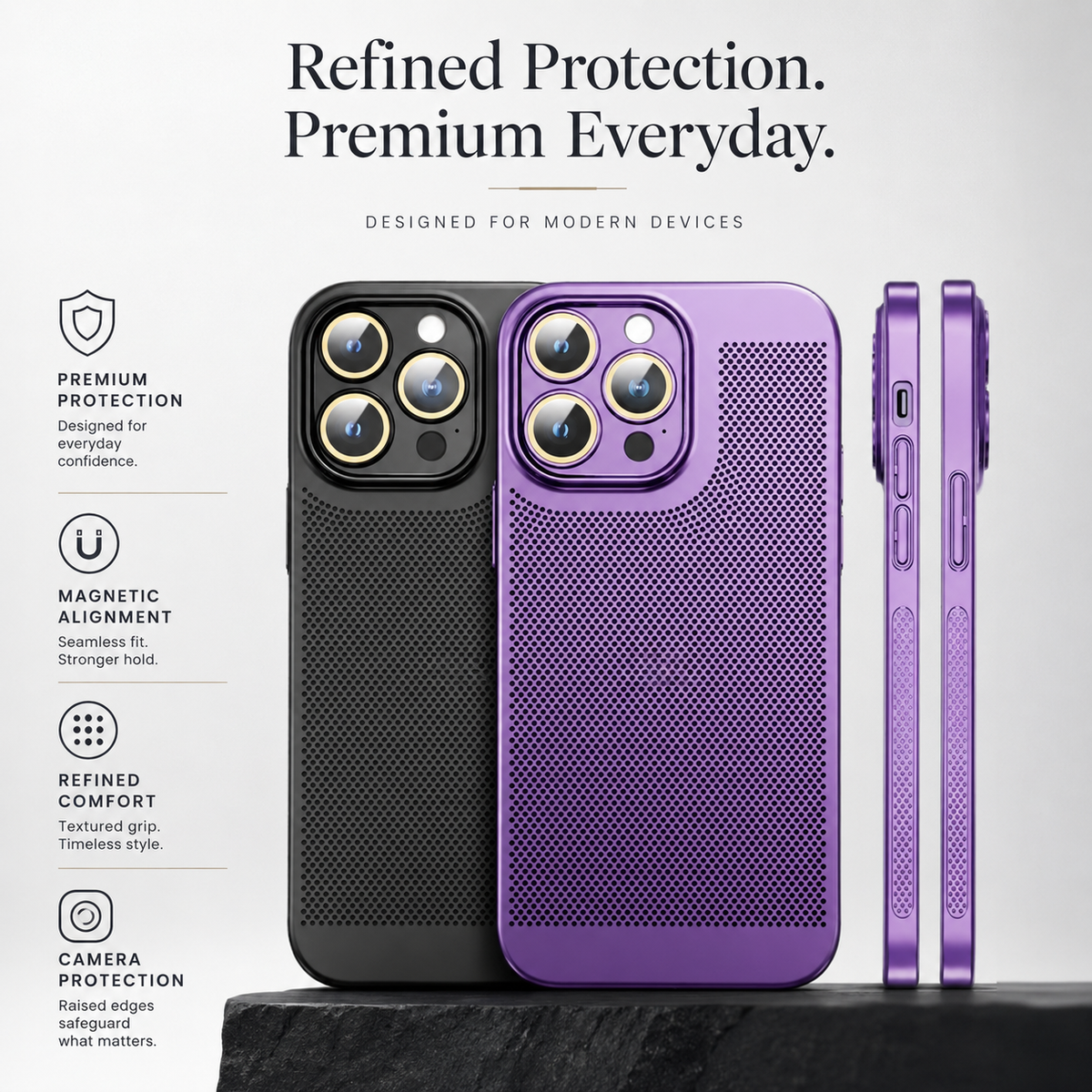 Rear views of black and purple perforated cases appear beside two thin purple side views under Refined Protection. Premium Everyday.