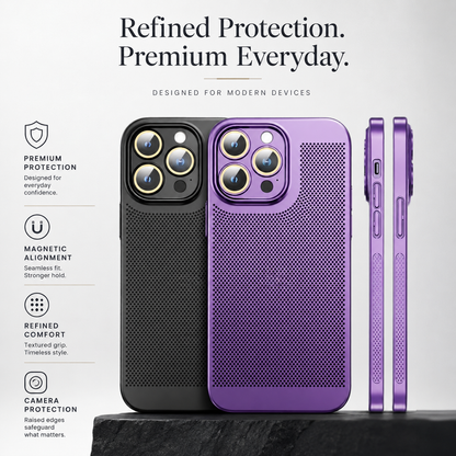 Rear views of black and purple perforated cases appear beside two thin purple side views under Refined Protection. Premium Everyday.