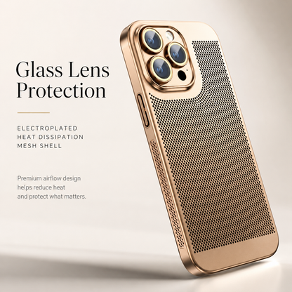 A gold-colored perforated case stands at an angle on pale gray beneath Glass Lens Protection.