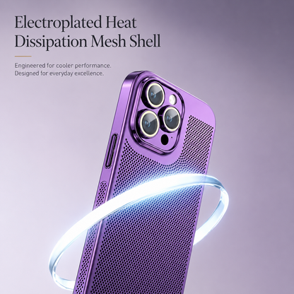 A purple perforated case is surrounded by an illustrated pale blue airflow ribbon under Electroplated Heat Dissipation Mesh Shell.