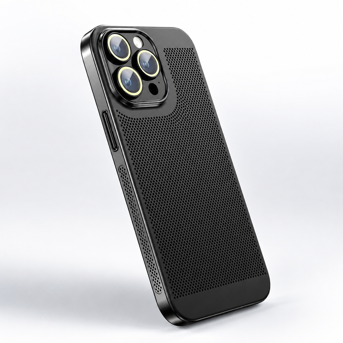 A black perforated case stands at an angle against pale gray, with a raised three-lens camera surround.