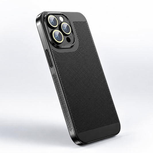 A black perforated case stands at an angle against pale gray, with a raised three-lens camera surround.