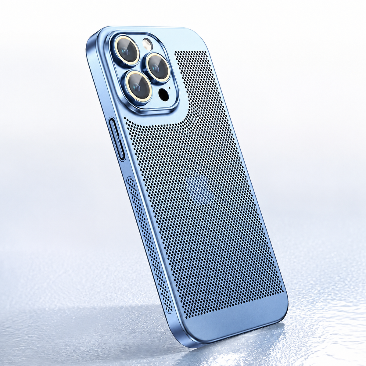 A light blue perforated case stands at an angle on a pale textured surface, showing metallic camera rings and side-button covers.