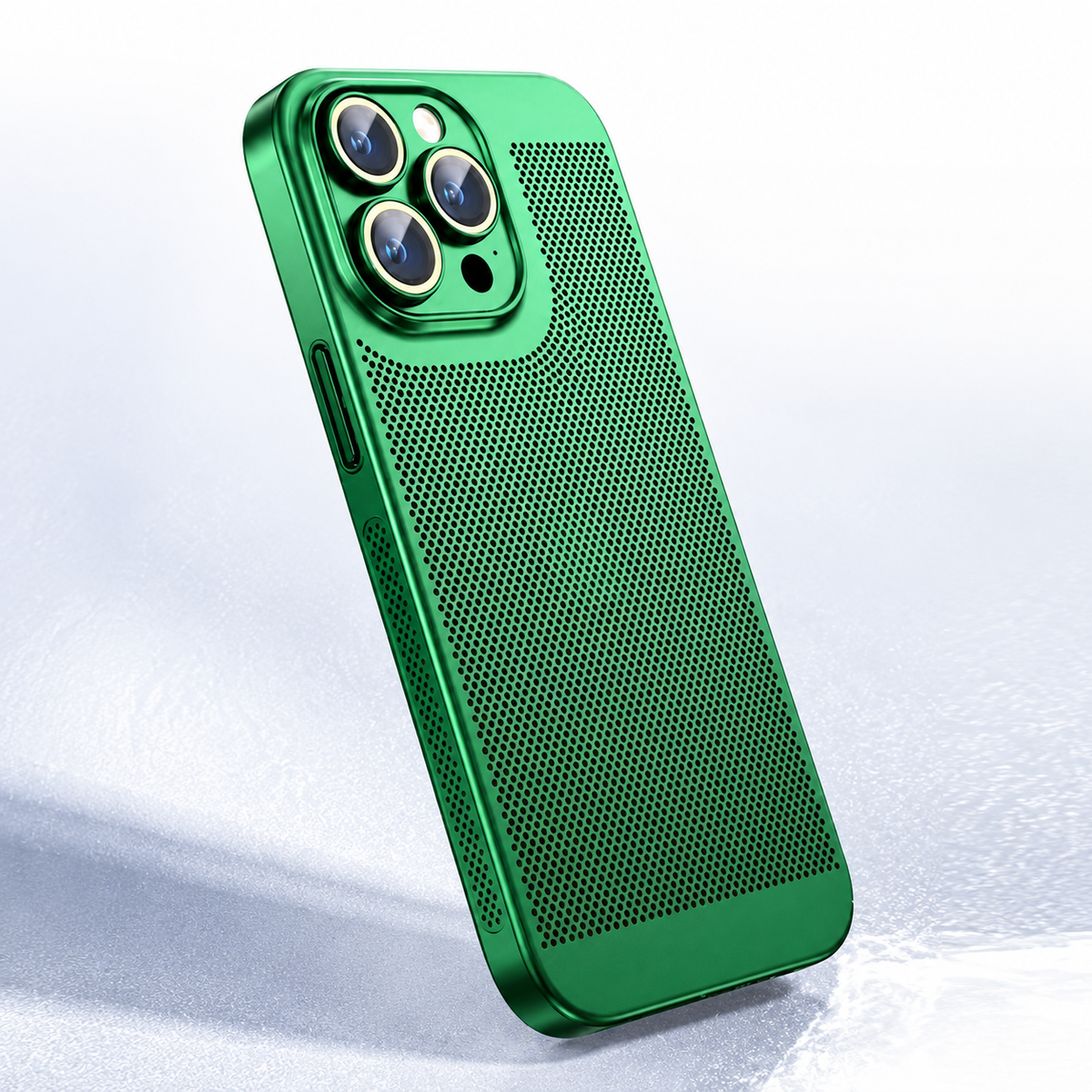 A bright green perforated case stands at an angle on a pale surface, with a raised camera surround and dense mesh-like holes.