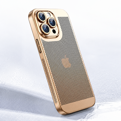 A gold-colored perforated case stands at an angle on a pale surface, showing three camera lenses and matching side-button details.