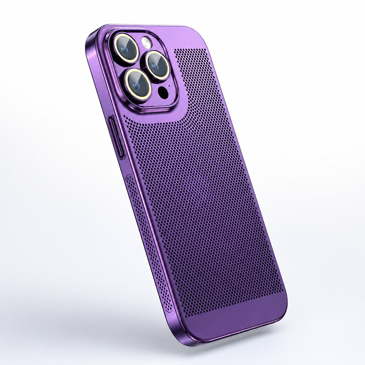 A purple perforated case stands at an angle against pale gray, with matching camera surround and side buttons.
