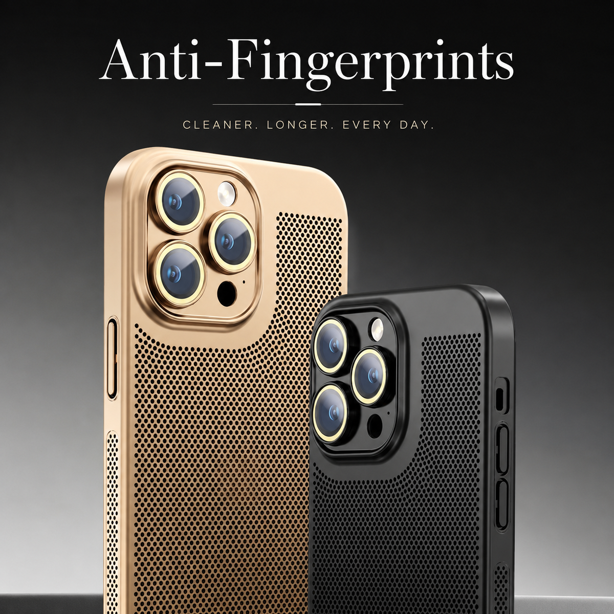 Gold-colored and black perforated cases stand side by side under Anti-Fingerprints.