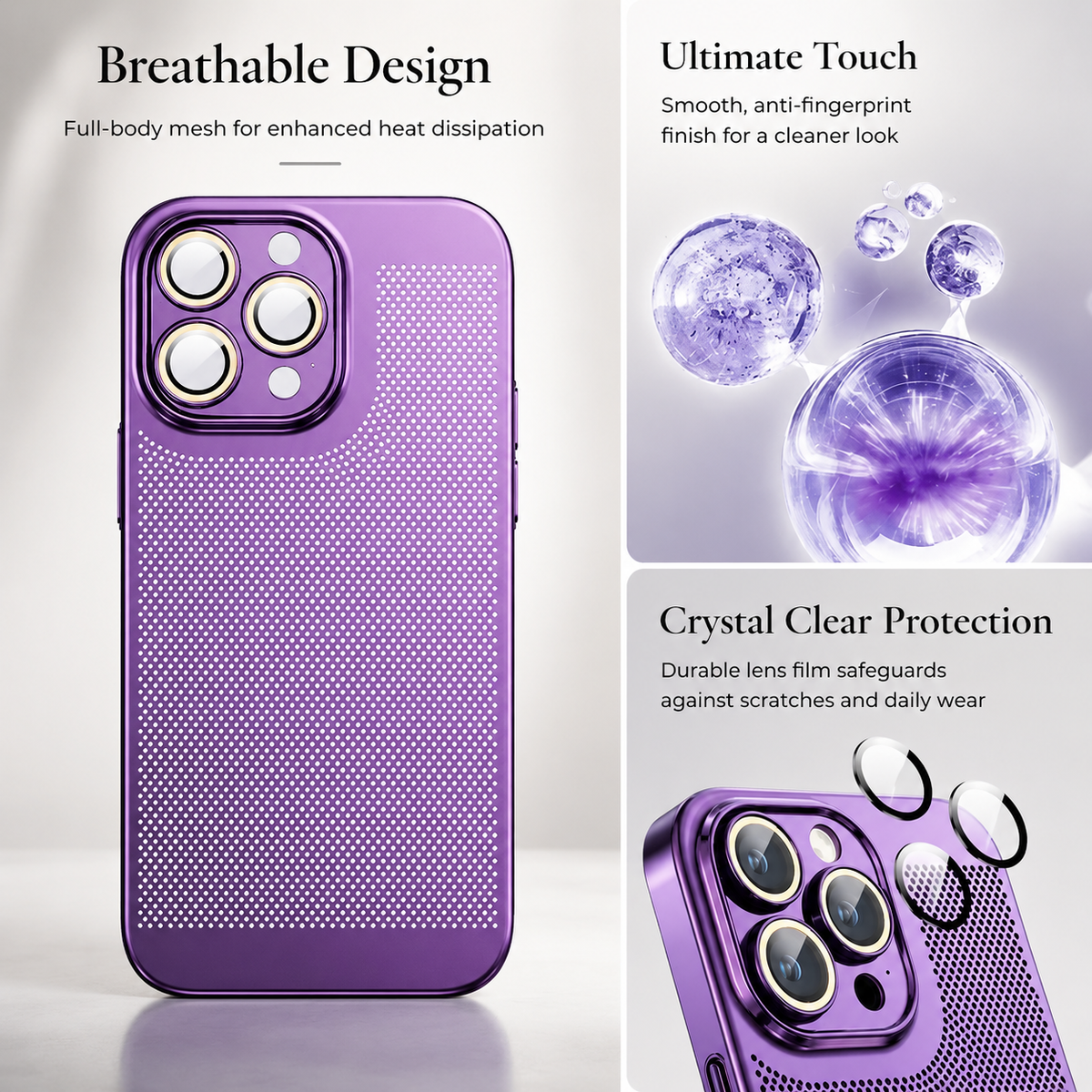 A purple case appears beside bubble-like coating graphics and separated circular lens covers. Text describes breathable design, touch and camera protection.