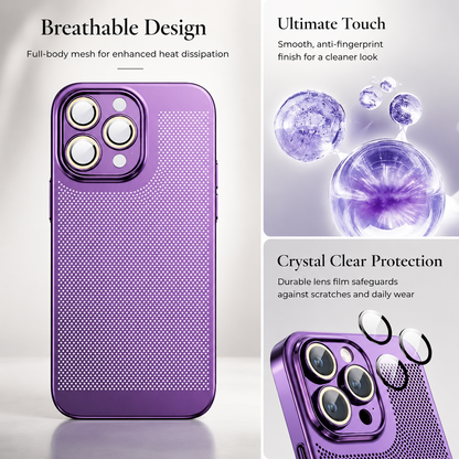 A purple case appears beside bubble-like coating graphics and separated circular lens covers. Text describes breathable design, touch and camera protection.