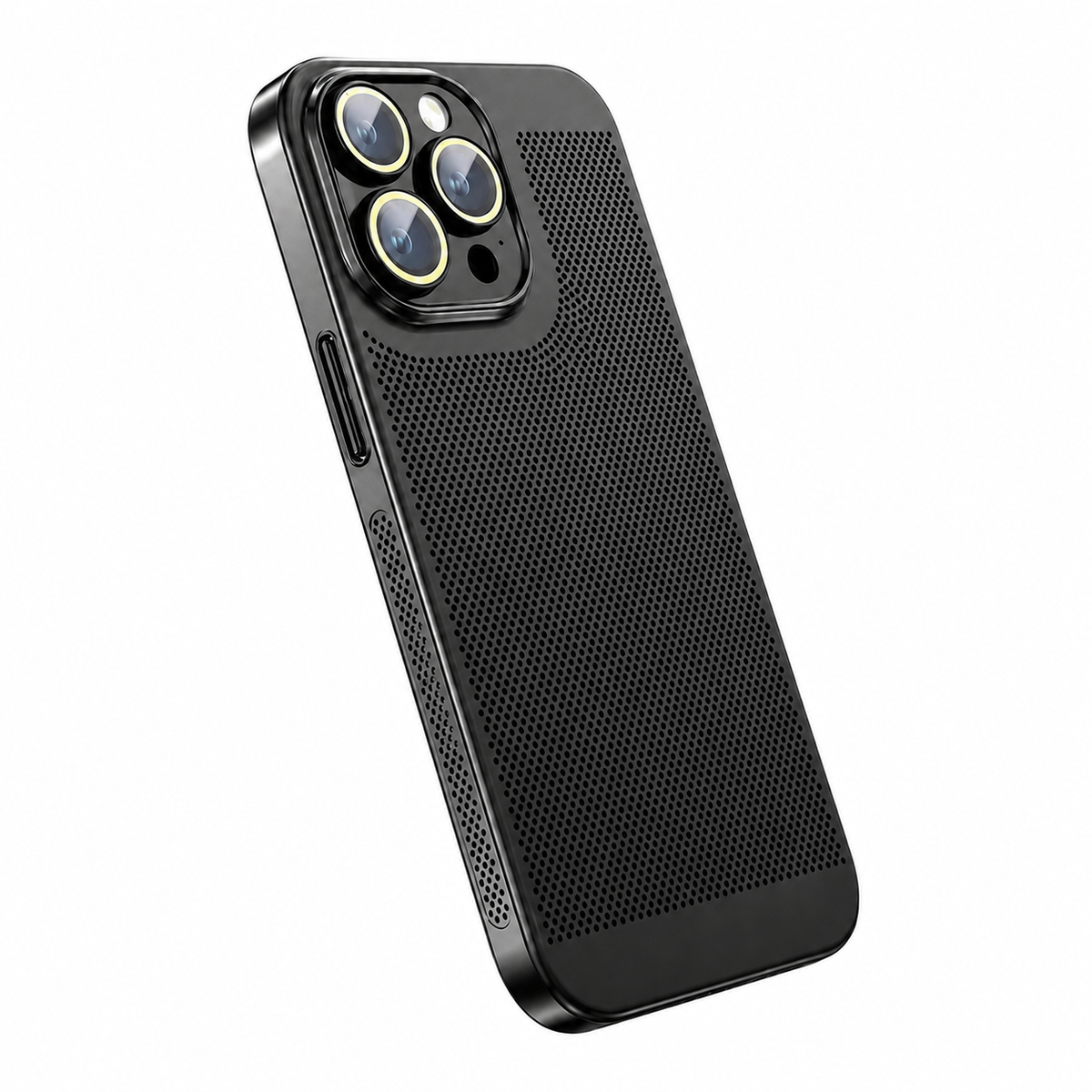 A black case stands at an angle on white, showing dense tiny perforations across its back and sides and metallic rings around three camera lenses.